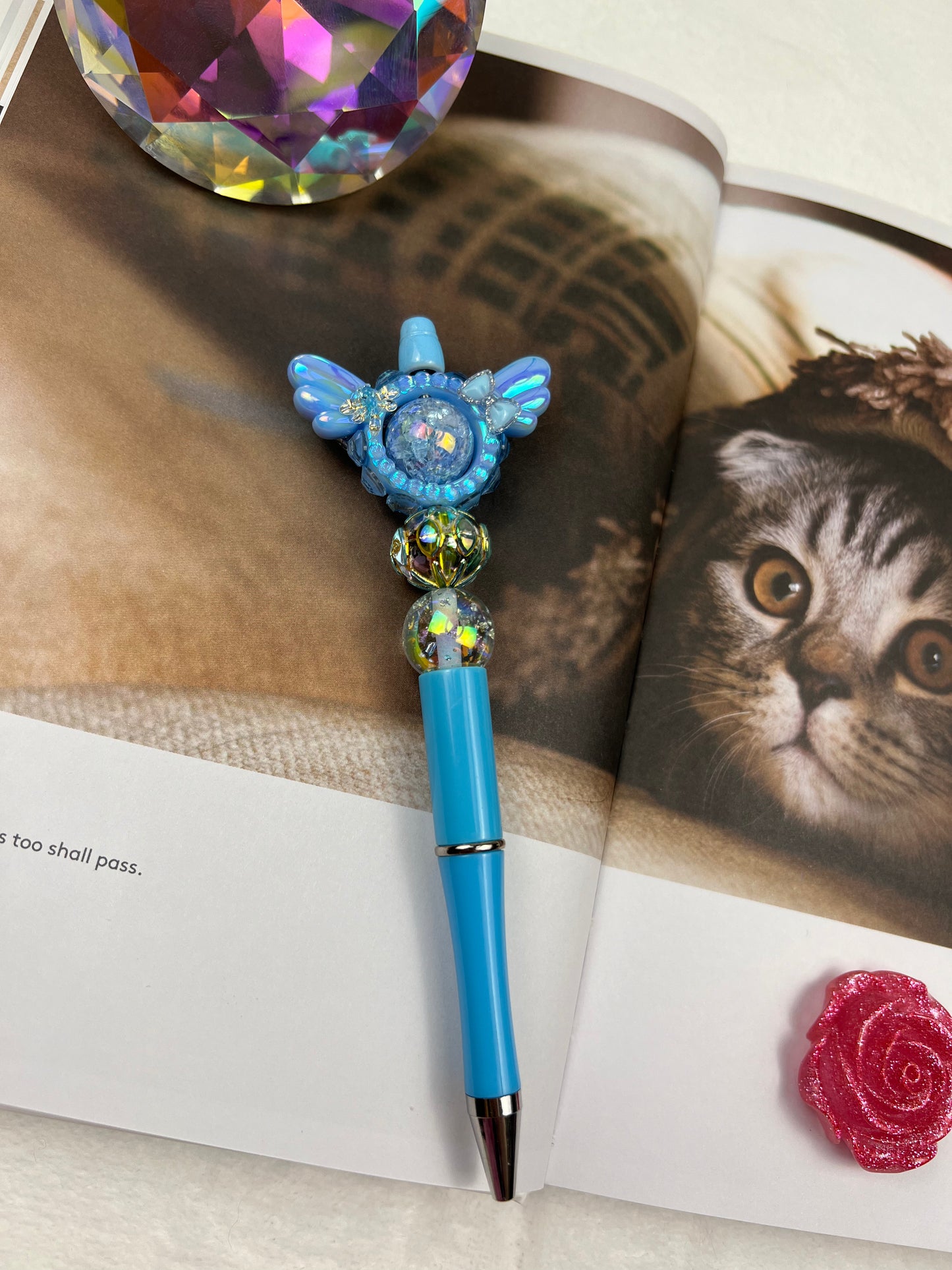 S Sky Blue Rhinestone Wing Frame Beaded Pen