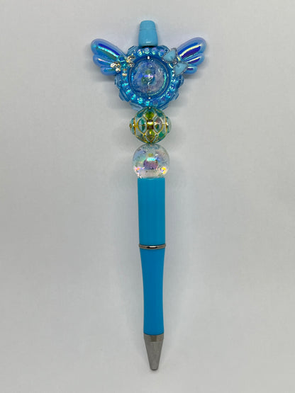 S Sky Blue Rhinestone Wing Frame Beaded Pen
