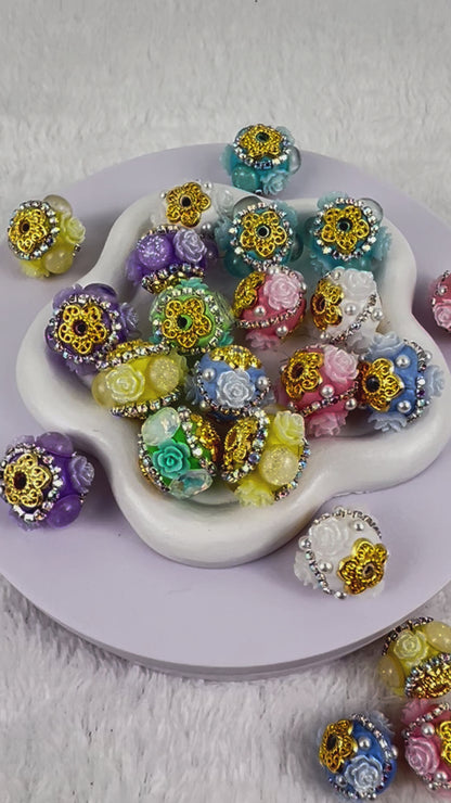 Fancy Beads Round shape with Flowers and Gold Hardware -16mm